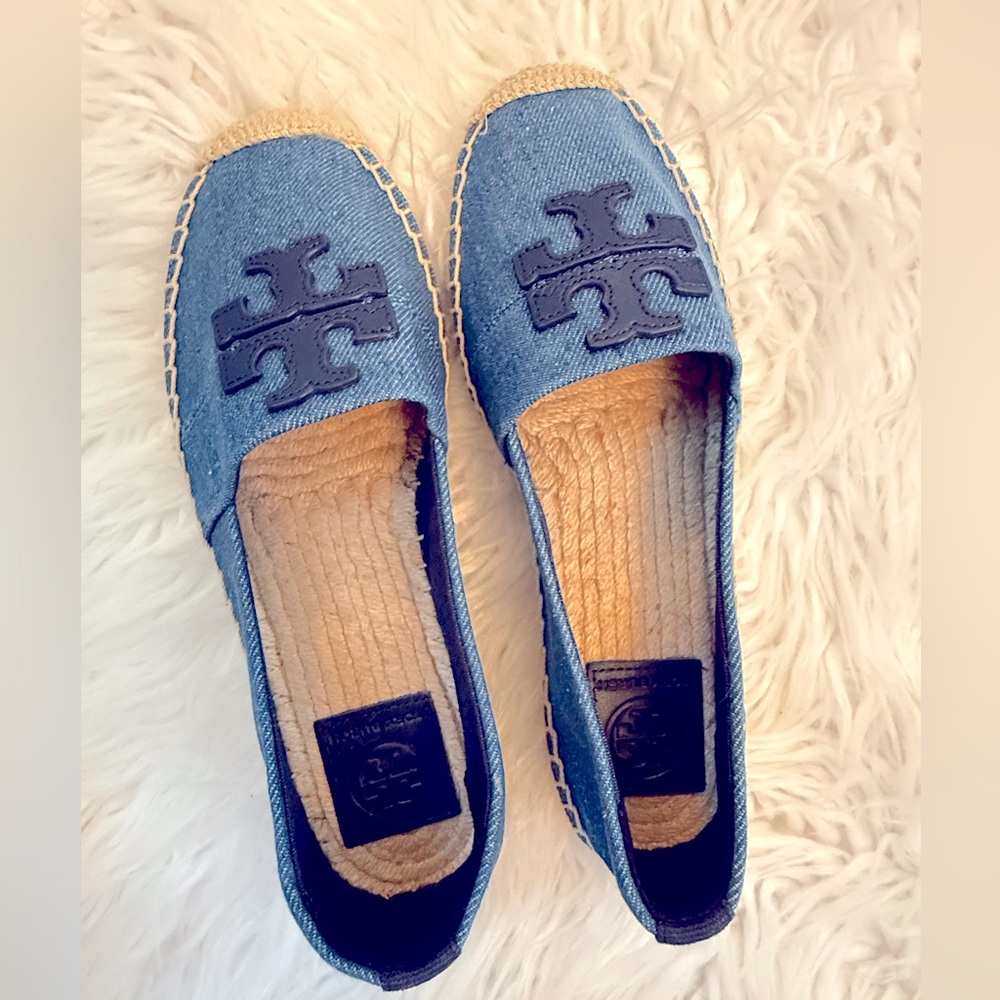 Tory Burch Blue Tan Espadrilles with Logo
